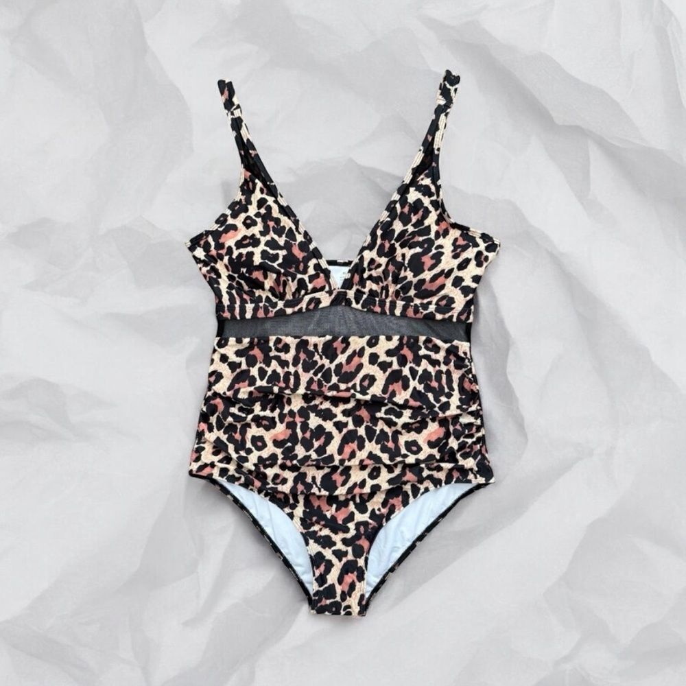 NWT SUUKSESS Leopard One Piece Swimsuit XL Mesh Cutout Tummy Control Slimming